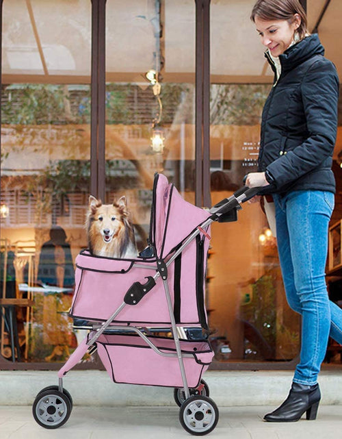 Load image into Gallery viewer, 3 Wheels Pet Stroller Dog Stroller Cat Cage Jogger Stroller Cats Travel Folding Carrier Waterproof Puppy Stroller with Cup Holder &amp; Removable Liner (Pink)
